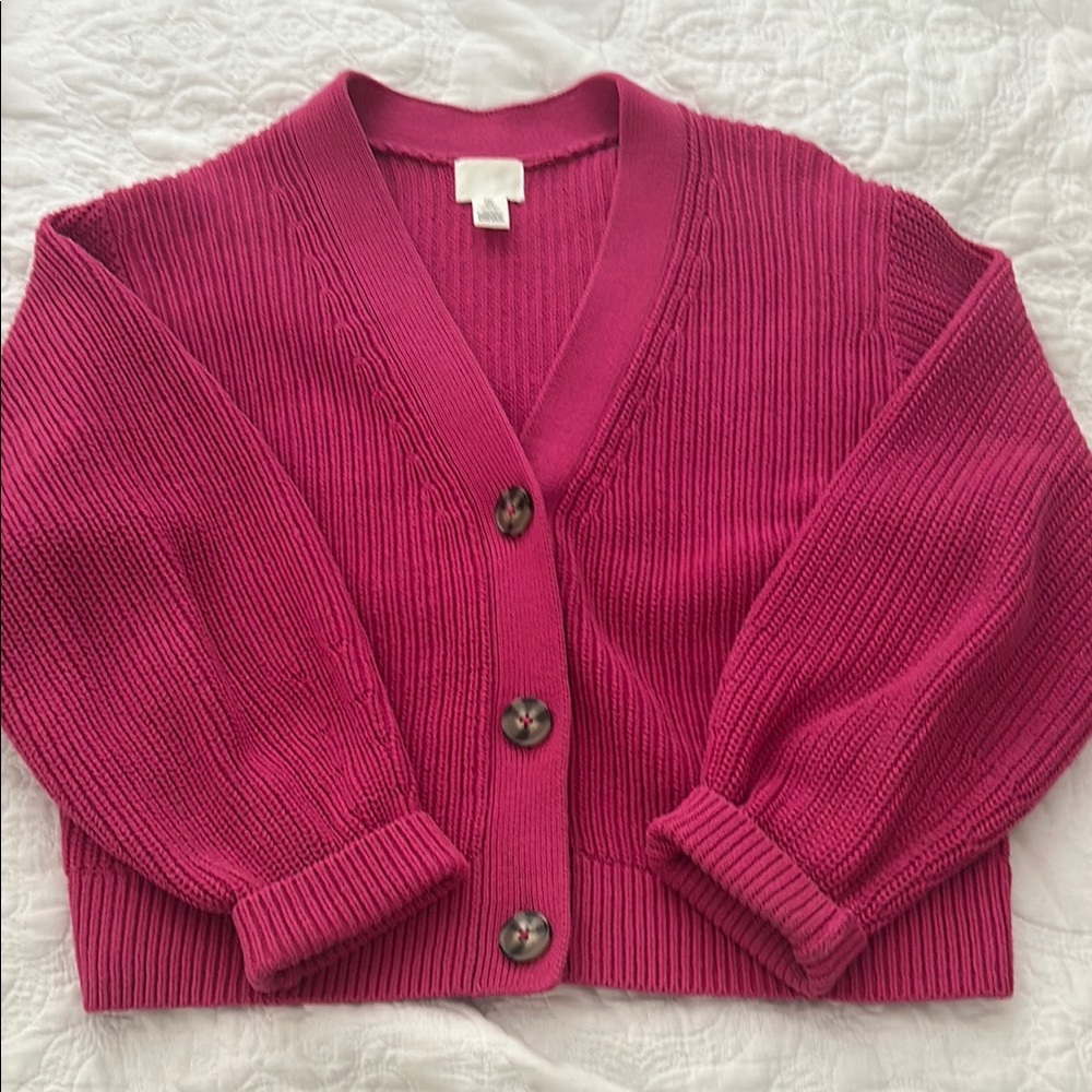 Women's Hot Pink Crop Chunky Knit Cardigan Sweater